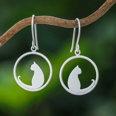 Alternate image for Silver Cat-Themed Dangle Earrings with Brushed-Satin Finish The Twins