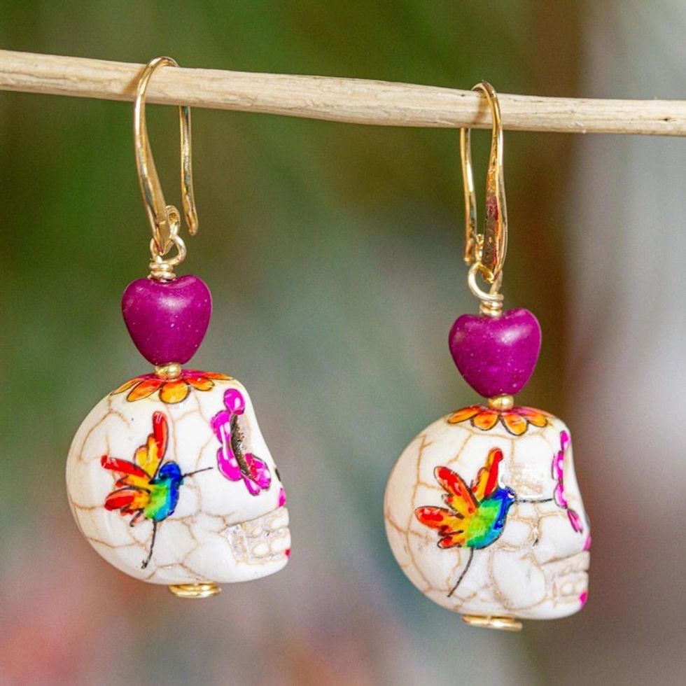 Artisan Crafted Skull Earrings 'Calavera Hummingbird'