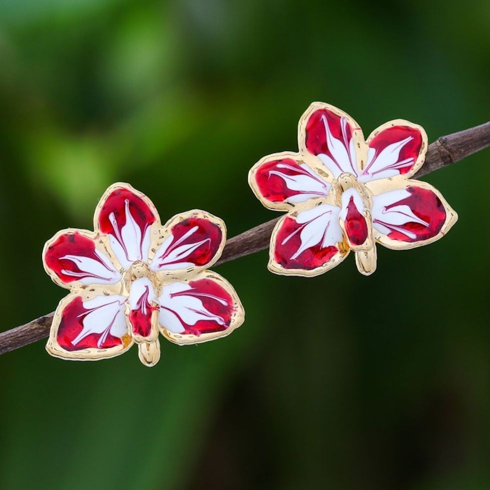 Gold plated natural orchid earrings 'Timeless Dancer'