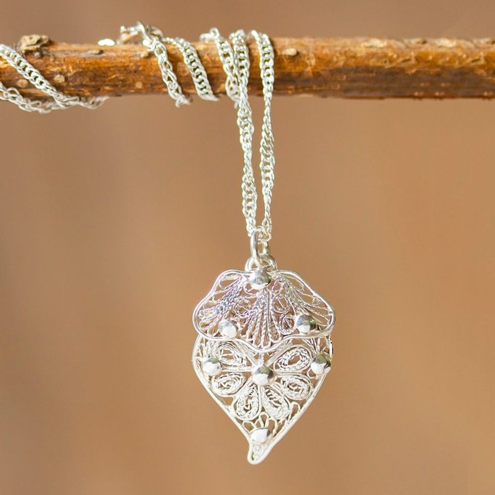 Double-Heart Sterling Silver Filigree Pendant Necklace 'Woven Heart'