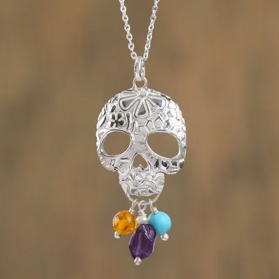 Alternate image for Multi-Gemstone Skull Pendant Necklace from Mexico Sweet Life
