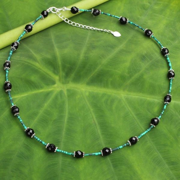 Alternate image for Handcrafted Onyx, Calcite and Sterling Silver Choker Floral Nights