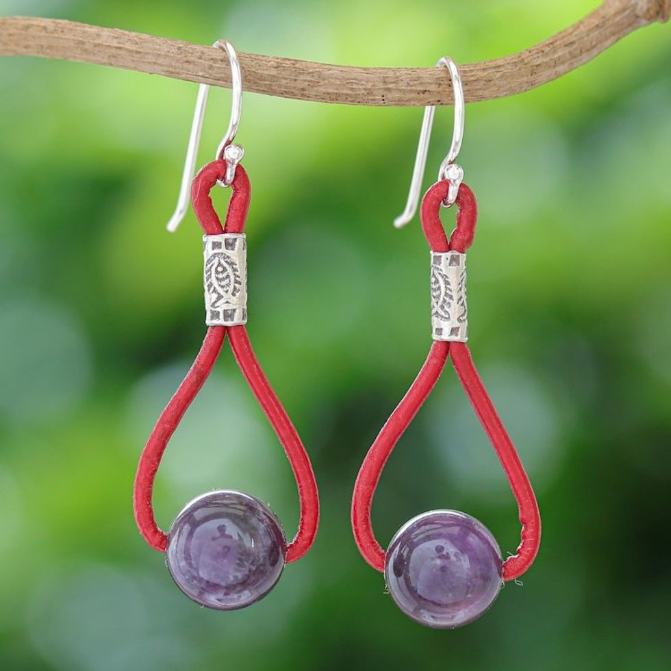 Amethyst and Leather Dangle Earrings with 950 Silver Beads 'Spring Passion'