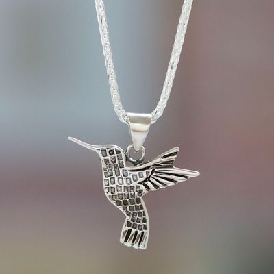 Image for Artisan Crafted Womens Fine Silver Hummingbird Necklace Aztec Hummingbird