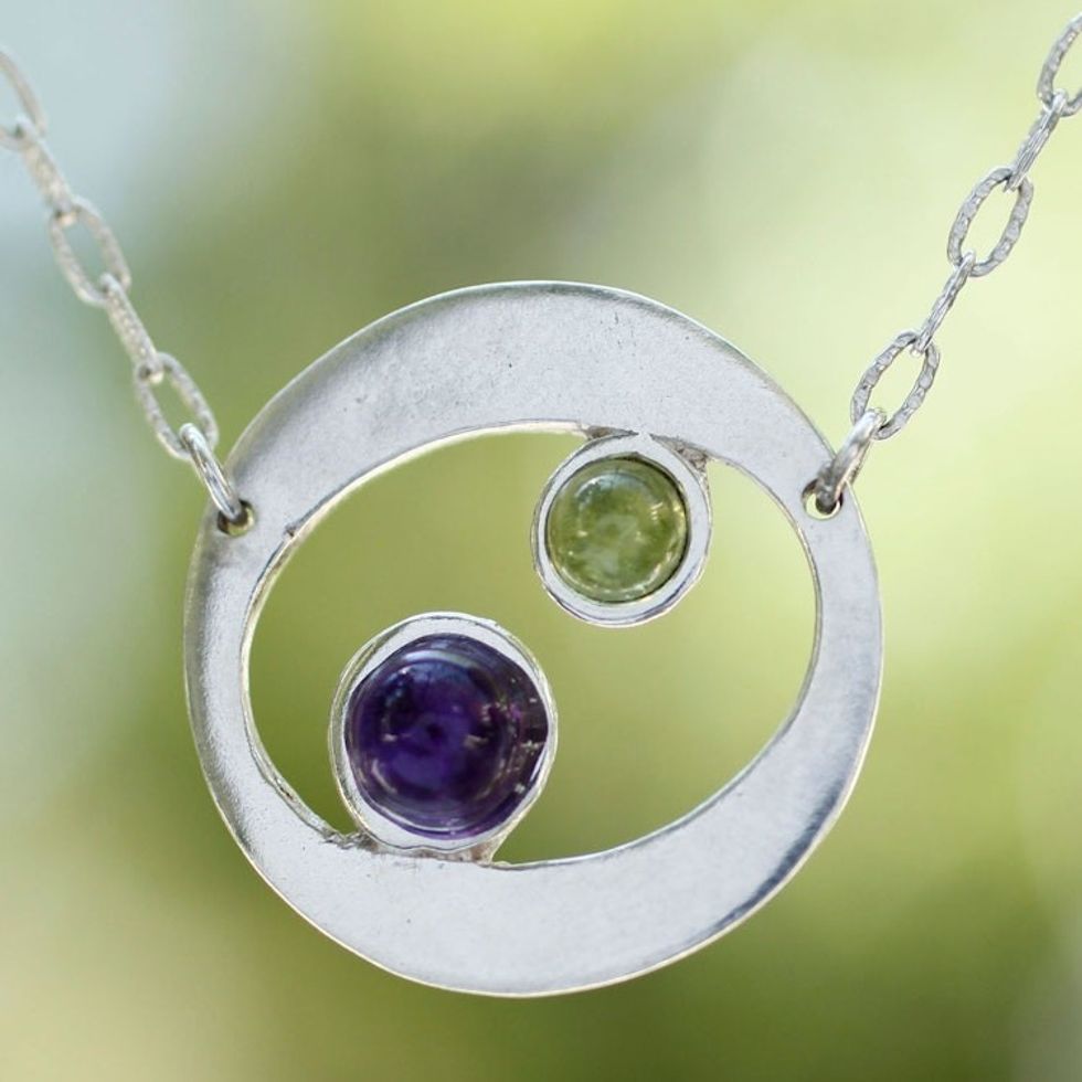 Amethyst and peridot pendant necklace 'Drifters'
