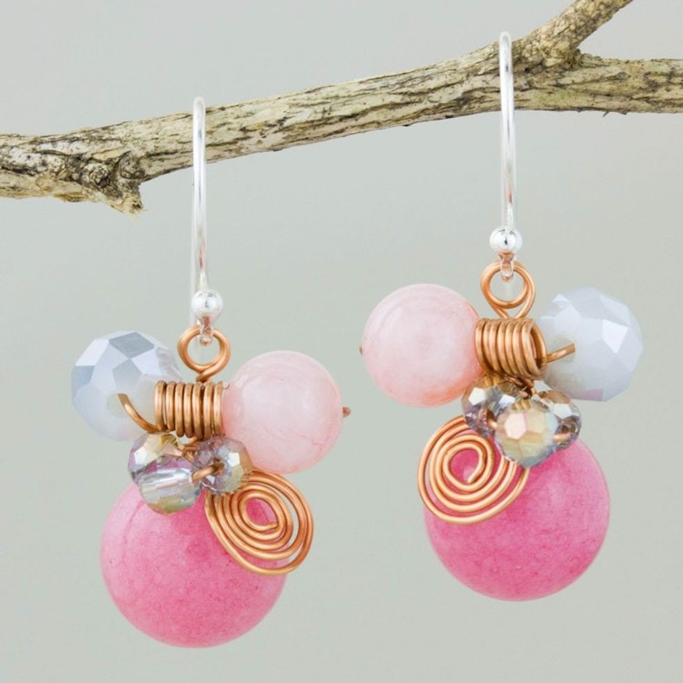 Pink Quartz and Glass Bead Dangle Earrings with Copper 'Pink Bubbles'