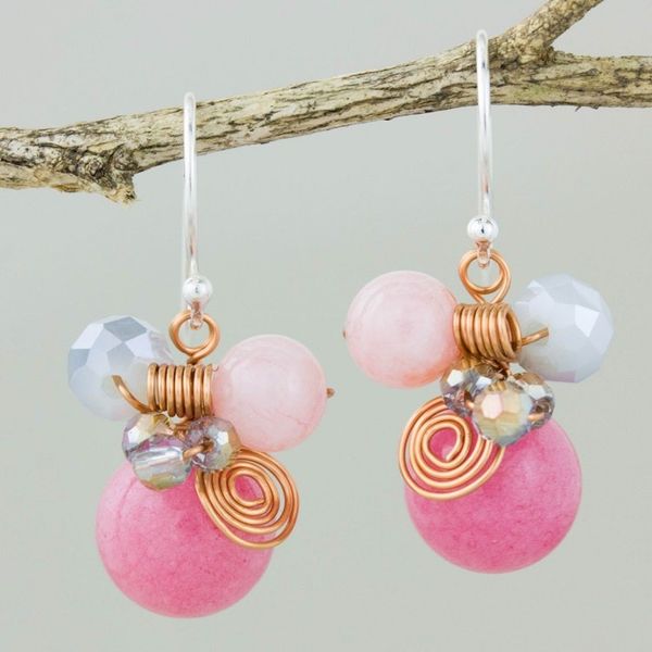 Alternate image for Pink Quartz and Glass Bead Dangle Earrings with Copper Pink Bubbles