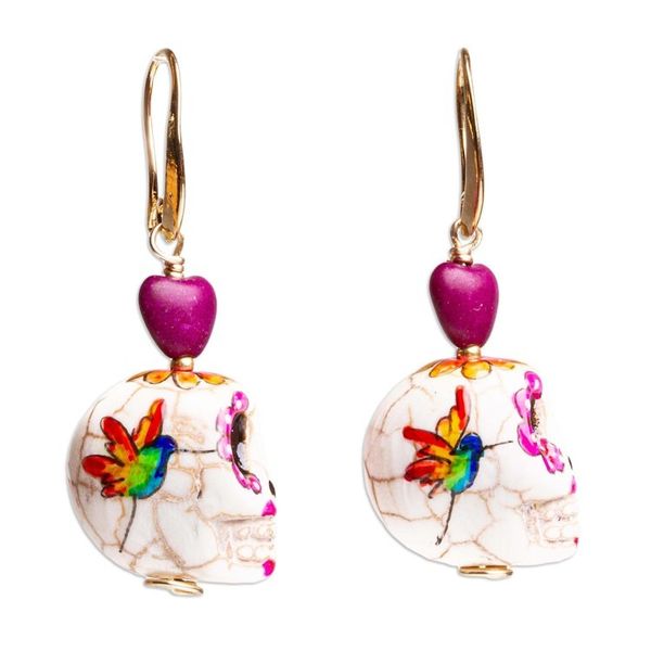 Alternate image for Artisan Crafted Skull Earrings Calavera Hummingbird