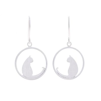 Alternate image for Silver Cat-Themed Dangle Earrings with Brushed-Satin Finish The Twins