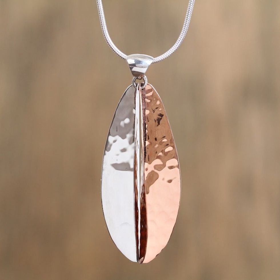 Leaf-Shaped Sterling Silver and Copper Pendant Necklace 'Rippling Leaf'