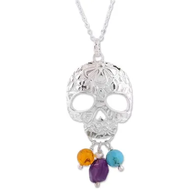 Alternate image for Multi-Gemstone Skull Pendant Necklace from Mexico Sweet Life
