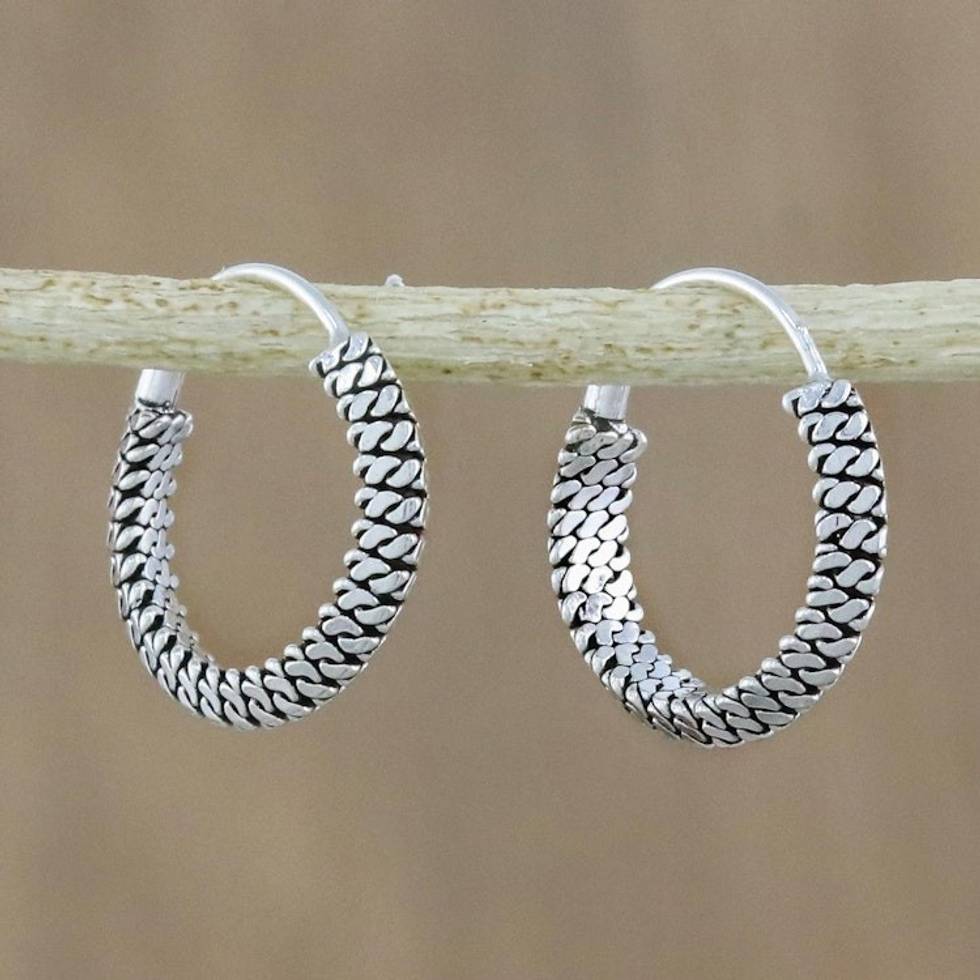 Chain Motif Sterling Silver Hoop Earrings from Thailand 'Charming Chain'