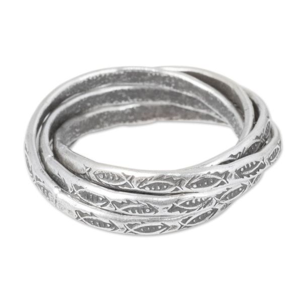Alternate image for Five Interlinked Fish Theme Hill Tribe Silver Rings Five Karen Rivers