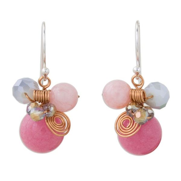 Alternate image for Pink Quartz and Glass Bead Dangle Earrings with Copper Pink Bubbles