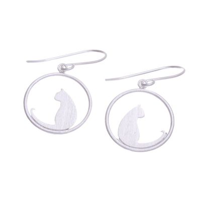 Alternate image for Silver Cat-Themed Dangle Earrings with Brushed-Satin Finish The Twins