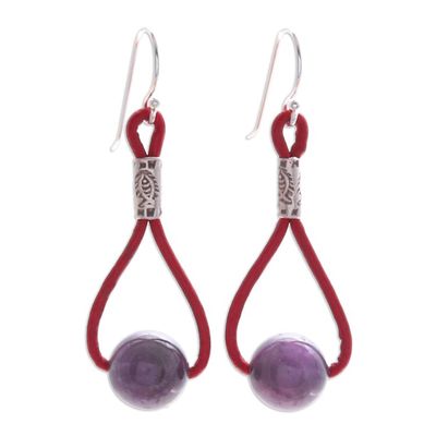 Alternate image for Amethyst and Leather Dangle Earrings with 950 Silver Beads Spring Passion