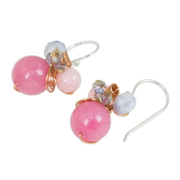 Alternate image for Pink Quartz and Glass Bead Dangle Earrings with Copper Pink Bubbles