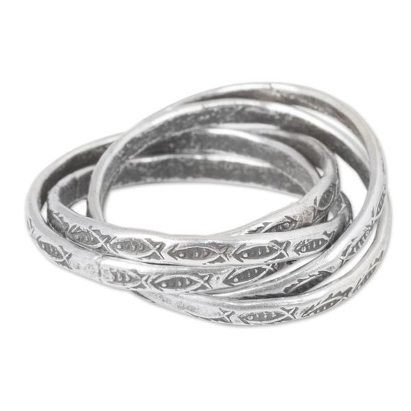 Alternate image for Five Interlinked Fish Theme Hill Tribe Silver Rings Five Karen Rivers