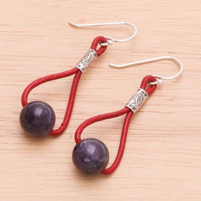 Alternate image for Amethyst and Leather Dangle Earrings with 950 Silver Beads Spring Passion