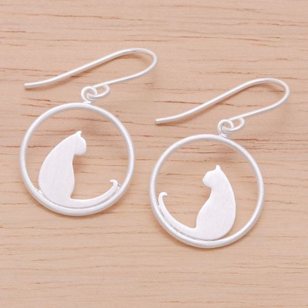 Alternate image for Silver Cat-Themed Dangle Earrings with Brushed-Satin Finish The Twins