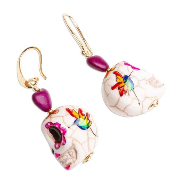 Alternate image for Artisan Crafted Skull Earrings Calavera Hummingbird