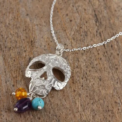 Alternate image for Multi-Gemstone Skull Pendant Necklace from Mexico Sweet Life