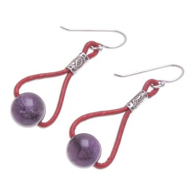 Alternate image for Amethyst and Leather Dangle Earrings with 950 Silver Beads Spring Passion