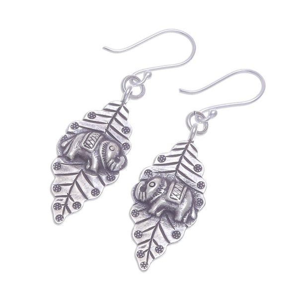 Alternate image for Oxidized Sterling Silver Leaf and Elephant Dangle Earrings Elephant Nature