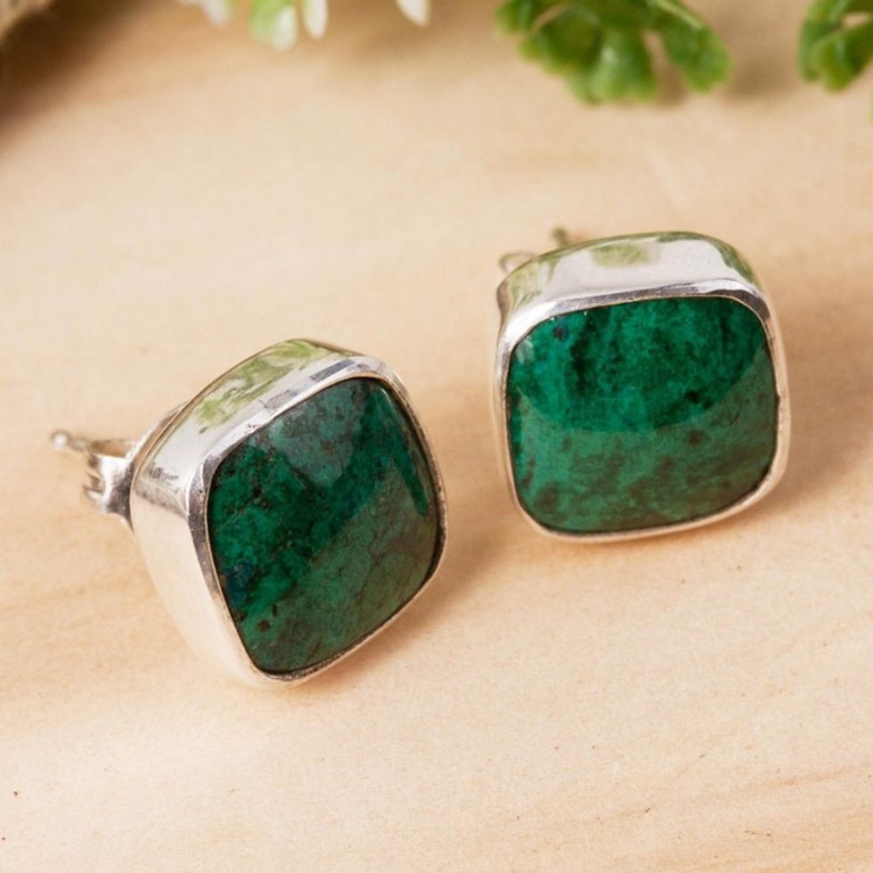 Square Chrysocolla Stud Earrings from Mexico 'Square Bucklers'
