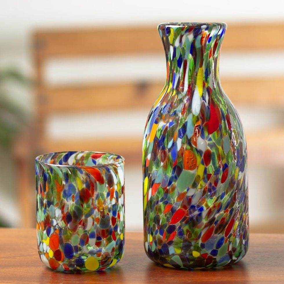 Carafe and Glass in Handblown Glass Pair 'Jubilant Color'