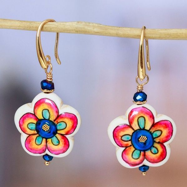 Alternate image for Gold-Accented Floral Howlite Dangle Earrings in Vibrant Hues Diversity Bloom