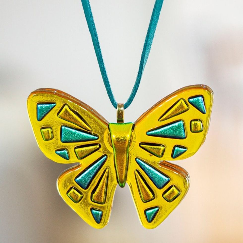 Butterfly Fused Glass Pendant Necklace Handcrafted in Mexico 'Sunny Butterfly'