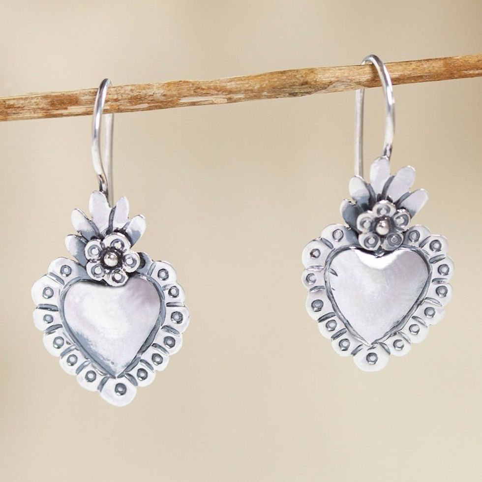 Handcrafted Sterling Drop Earrings 'Blooming Sacred Heart'
