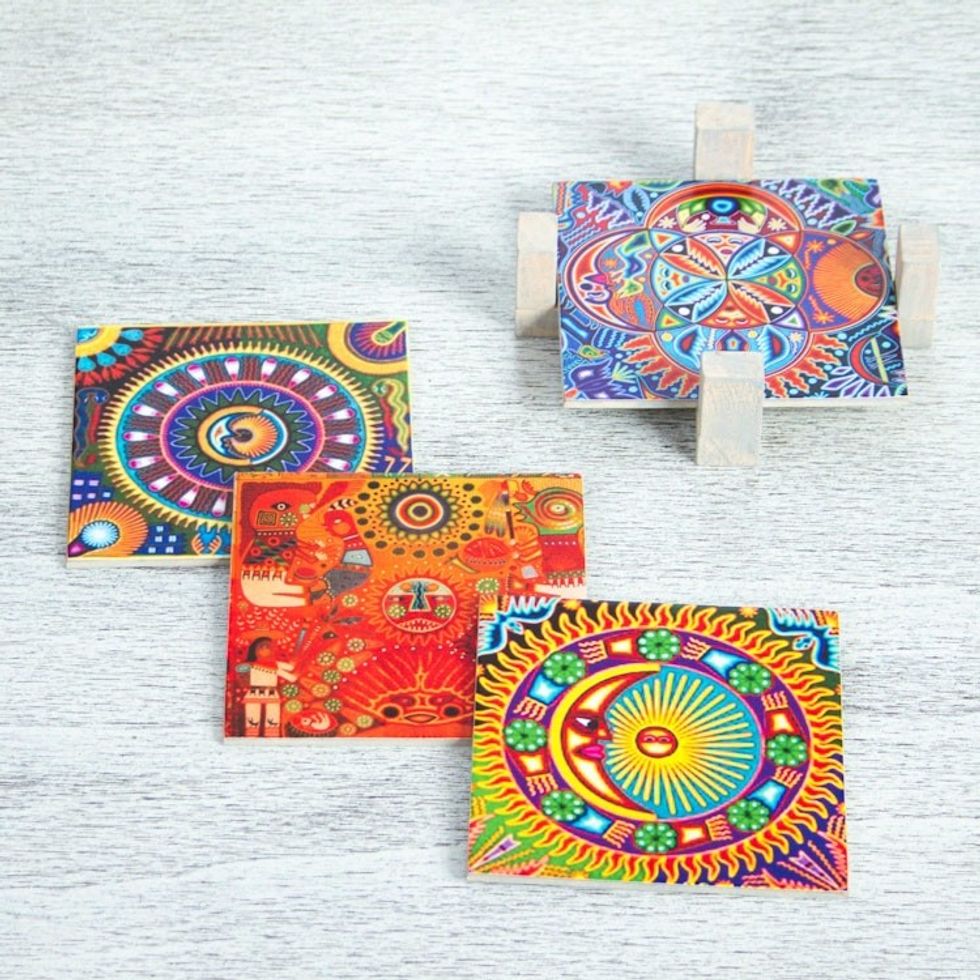 Four Decoupage Pinewood Mexican Sun and Moon Motif Coasters 'Huichol Sun and Moon'