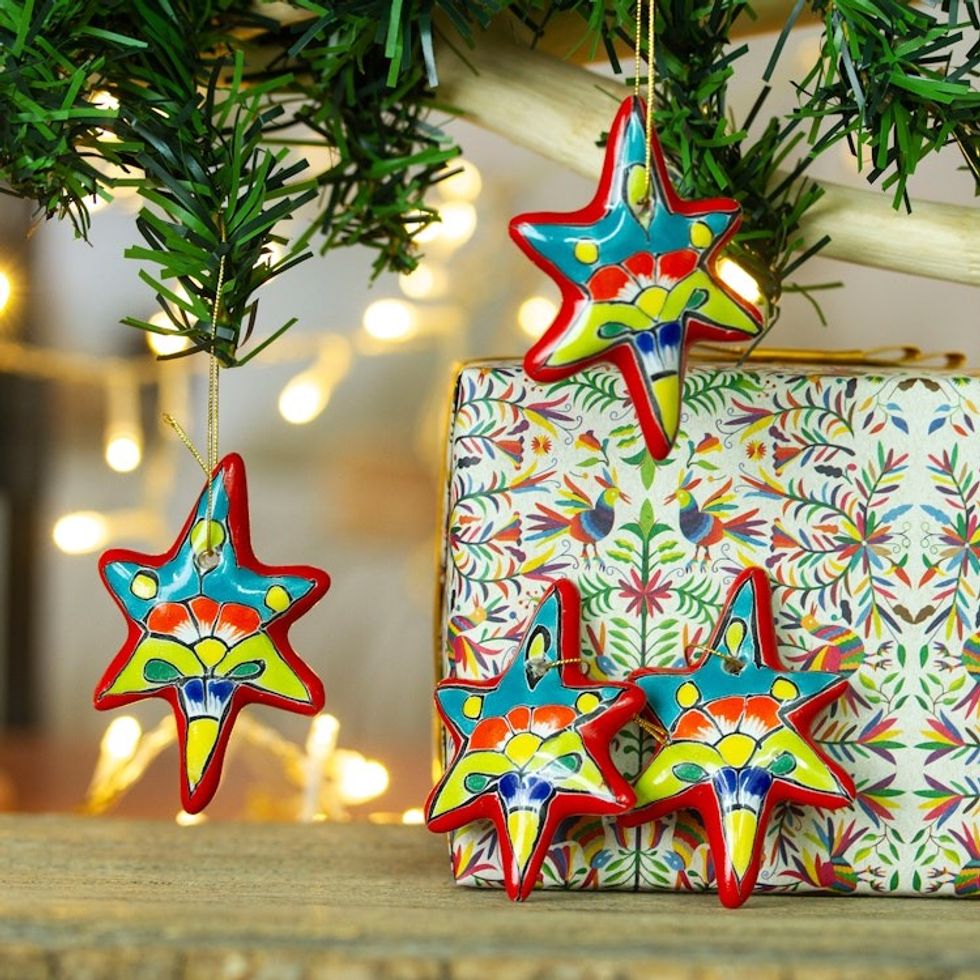 Set of 4 Handcrafted Ceramic Talavera Star Ornaments in Red 'Floral Sunrise'