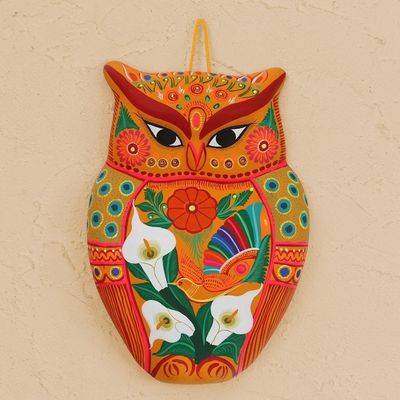 Alternate image for Hand-Painted Ceramic Wall Sculpture in Orange from Mexico Vibrant Owl