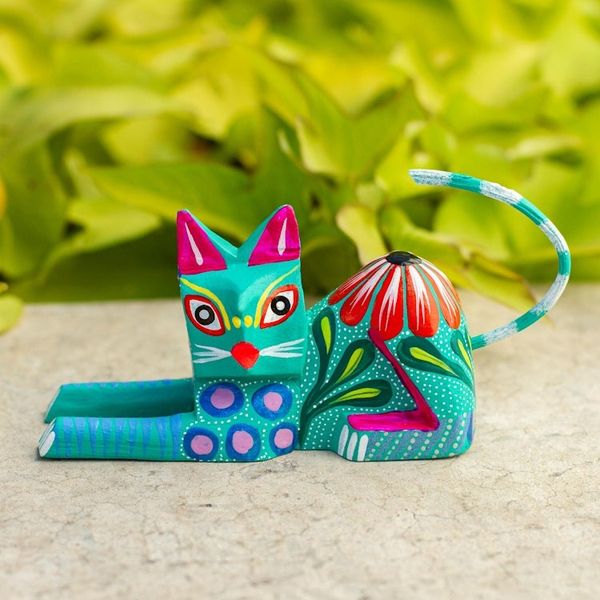 Alternate image for Copal Wood Alebrije Cat Sculpture in Teal from Mexico Excited Cat in Teal