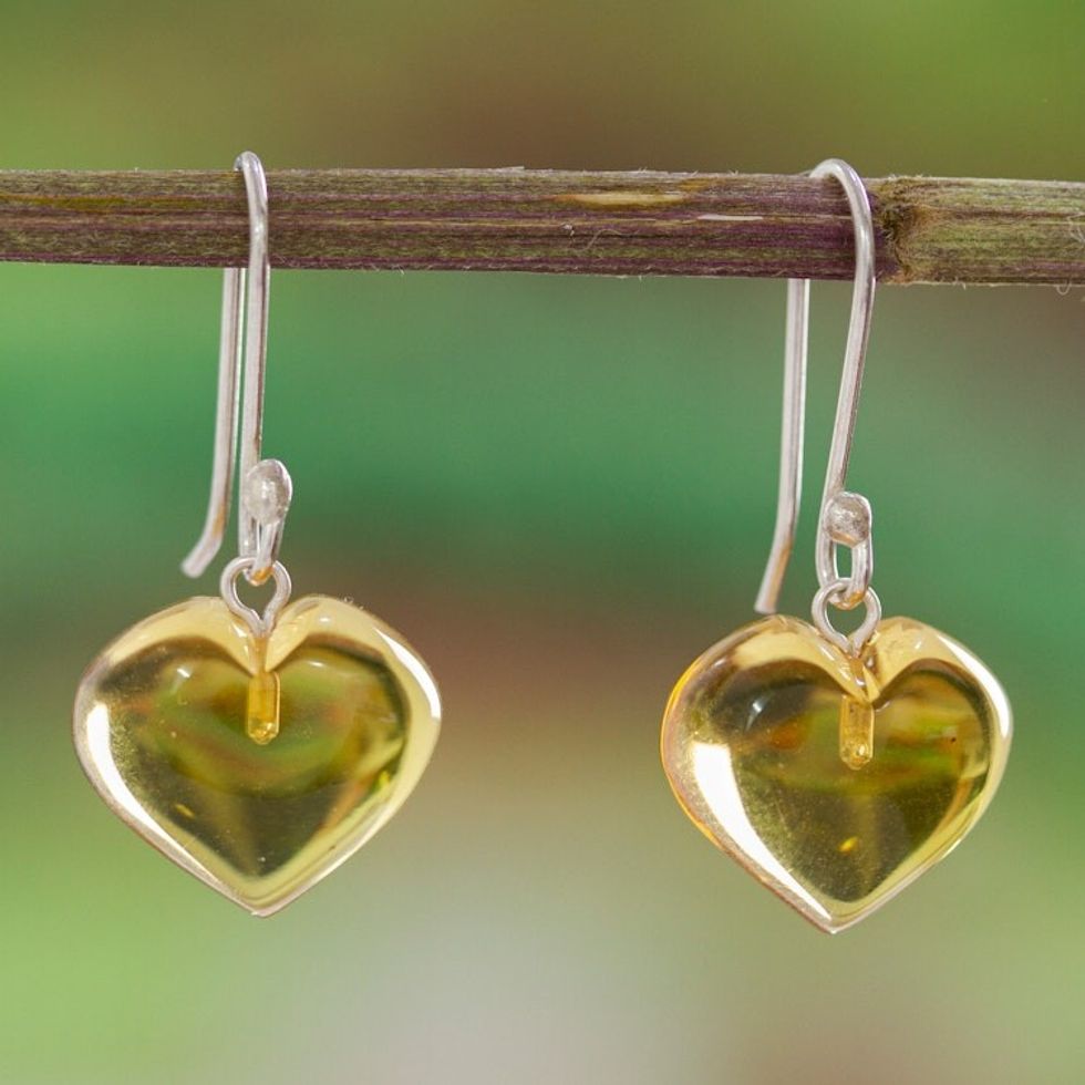 Mexican Sterling Silver and Amber Heart Dangle Earrings 'Hearts of Nectar'
