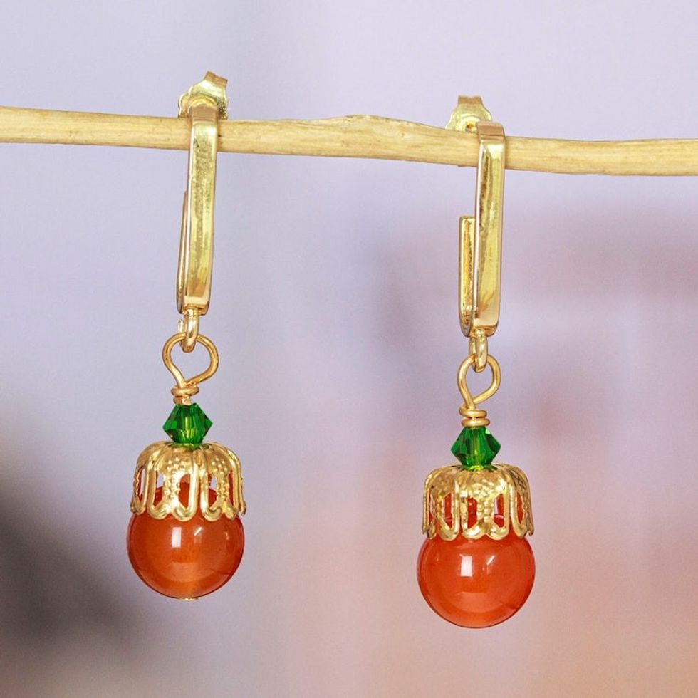 Gold-Plated Carnelian and Swarovski Crystal Dangle Earrings 'Evening Splendor'