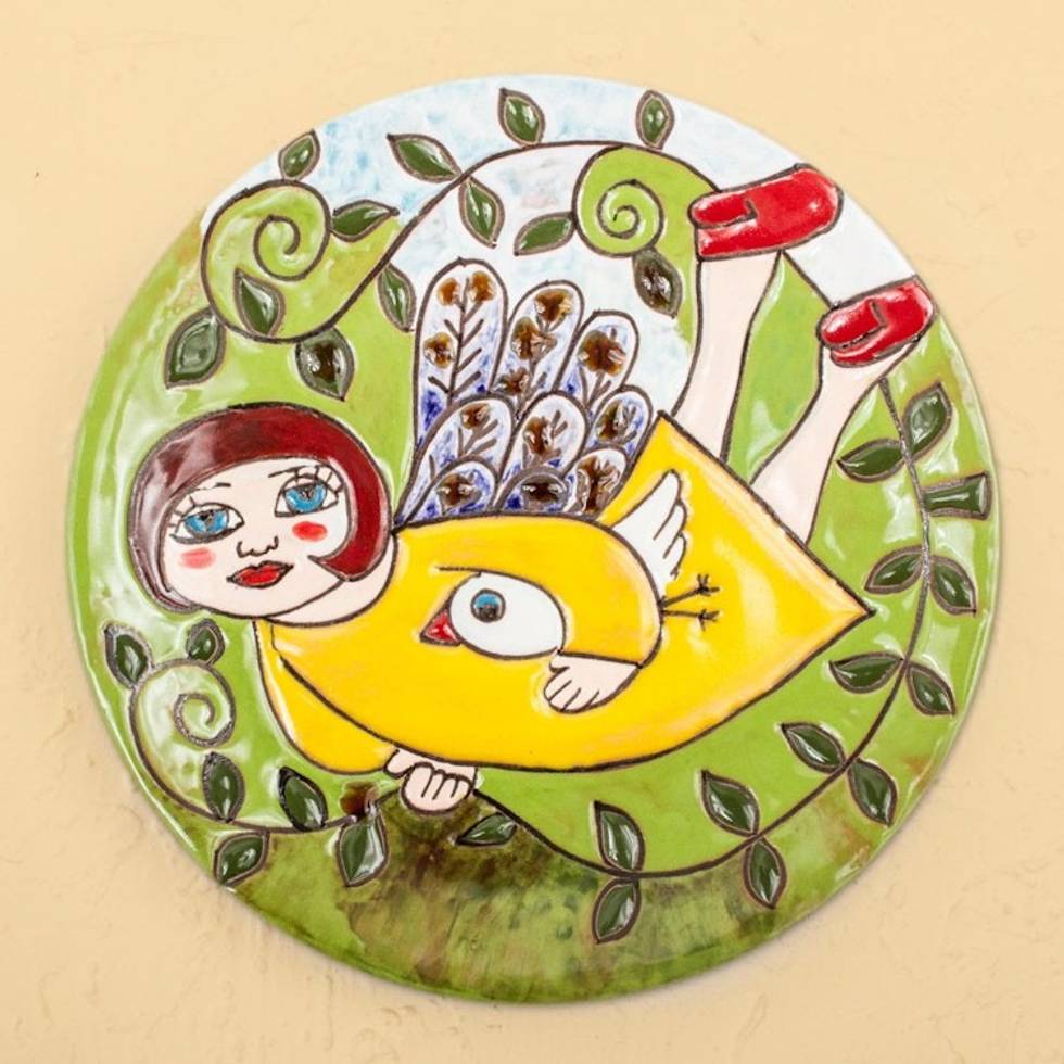 Handcrafted Angel and Peace Dove Ceramic Decorative Plate 'Angel Bringing Peace'