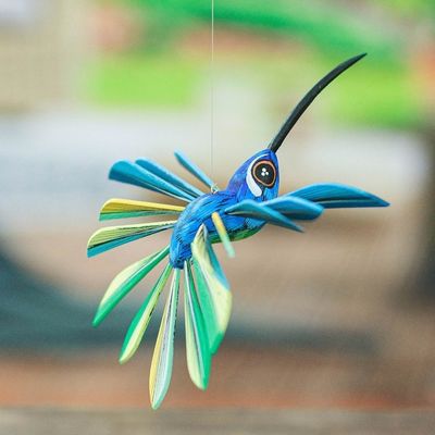 Alternate image for Wood Hanging Alebrije Hummingbird Sculpture in Blue Cheerful Hummingbird