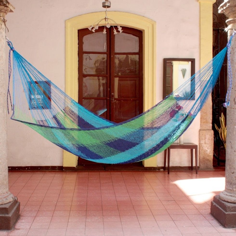 Fair Trade Mexican Cotton Striped Mayan Hammock Double 'Ocean Dreams'