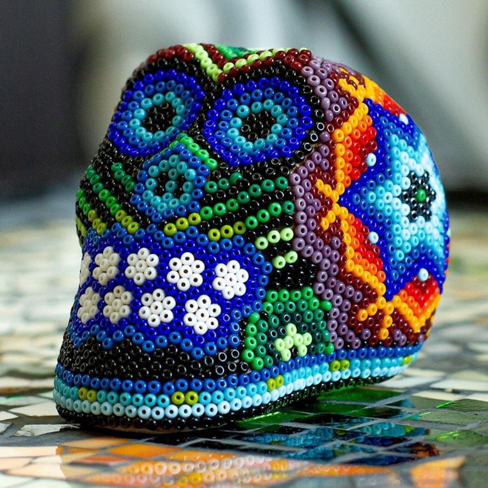 Handcrafted Beadwork Skull Figurine 'Huichol Star'