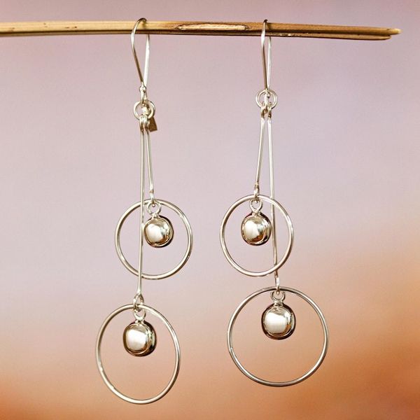 Alternate image for Sterling Silver Hoop Dangle Earrings by Mexican Artisans Satellite Spheres