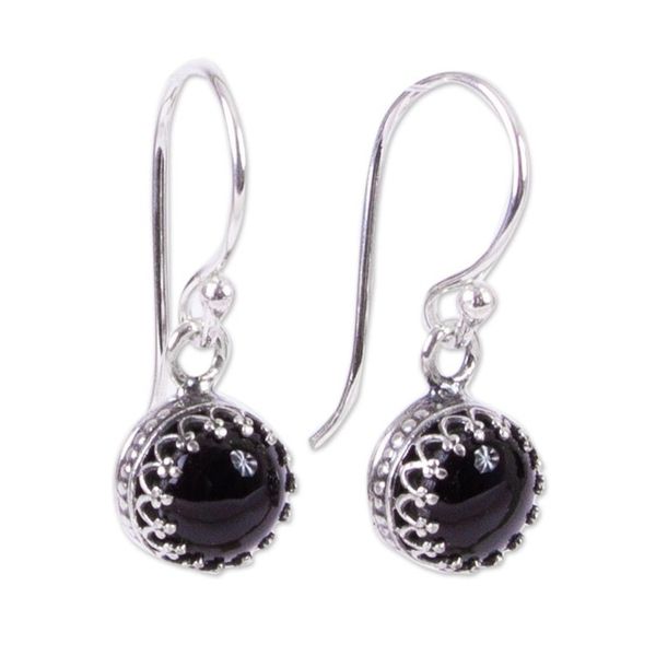 Alternate image for Taxco Silver and Obsidian Dangle Earrings from Mexico Nighttime