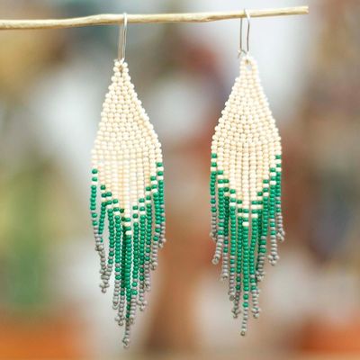 Alternate image for Beige and Green Glass Beaded Waterfall Earrings Falling Emeralds