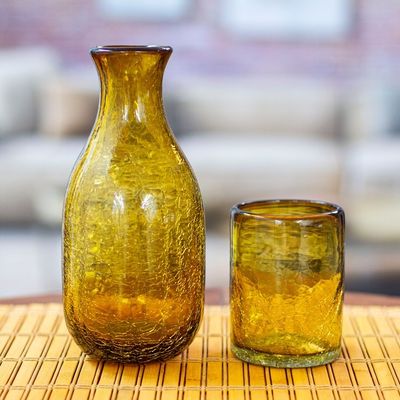 Alternate image for Amber Handblown Recycled Glass Carafe and Cup Set Pair Textured Amber