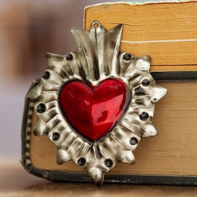 Alternate image for Mexican Tin-Plated Steel Ornament with Repousse Details Traditional Heart