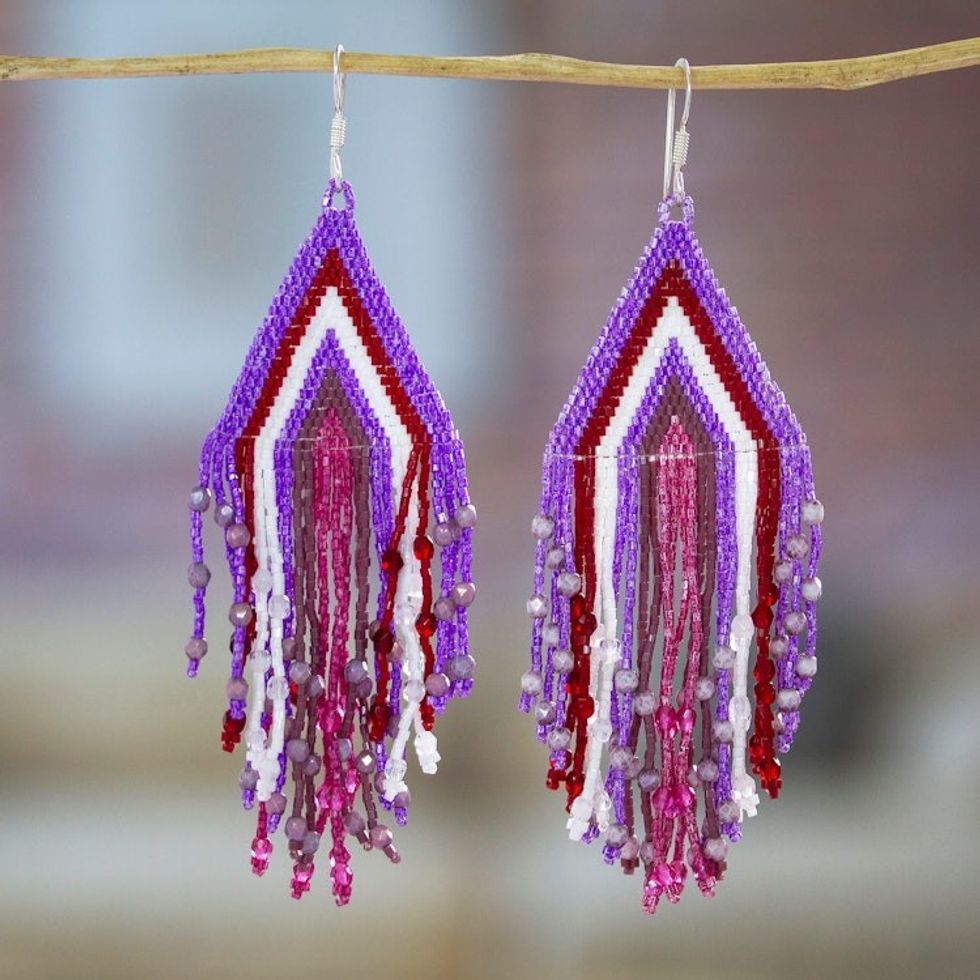 Purple-Fuchsia-Burgundy Huichol Beadwork Waterfall Earrings 'Purple Chic Cascade'