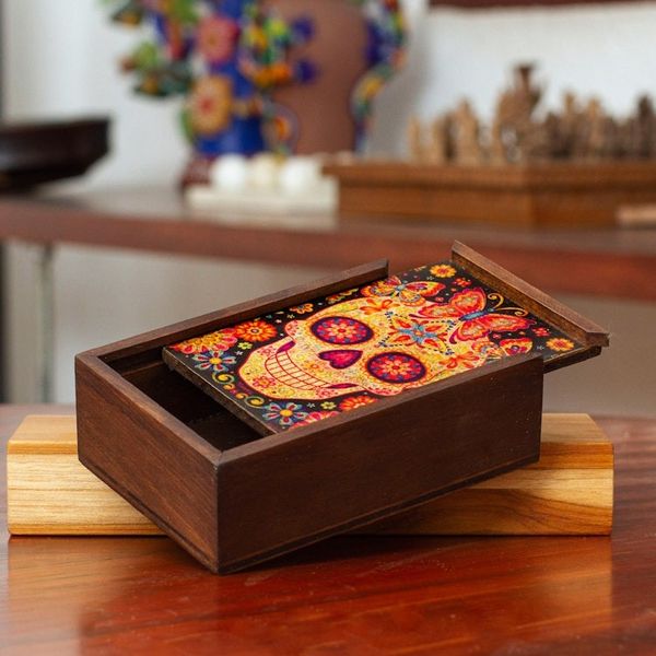 Alternate image for Day of the Dead Mexican Wood Box with Decoupage Skull of the Beloved